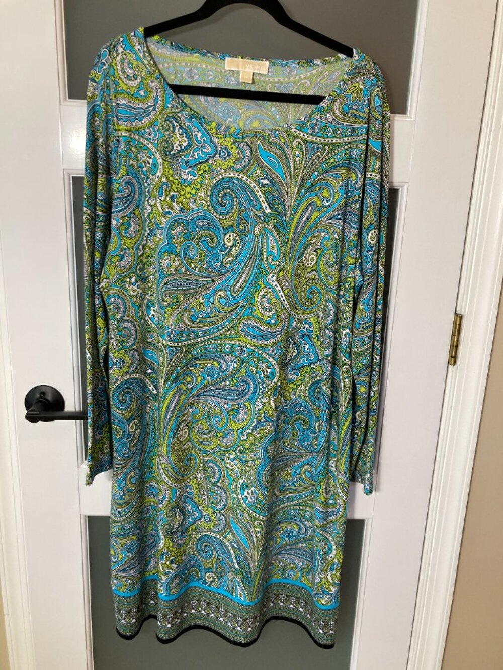 MICHAEL Michael Kors Blue & Green Paisley Print Shift Dress Long Sleeve 2X